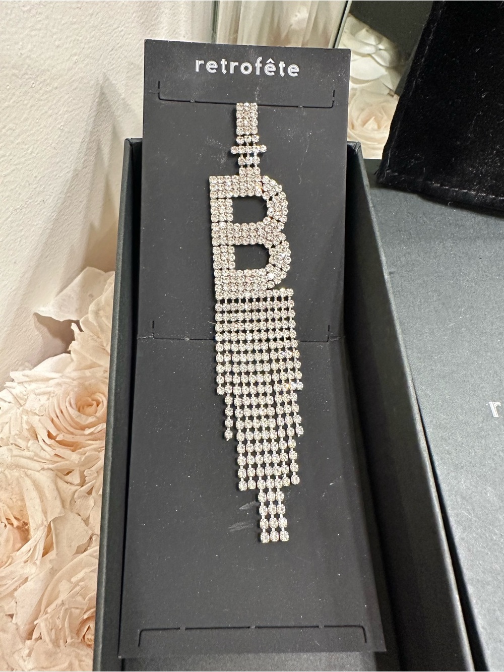 retrofête Crystal Fringe 'B' Earring- Silver Rhinestones